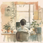 パソコンで作業する若い男性と子どもが描いた似顔絵が飾られたワークスペースの手描き風イラスト