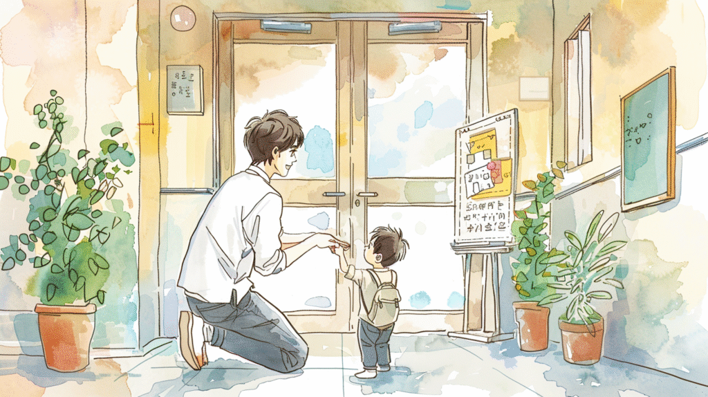 幼稚園で先生から子どもを受け取るお父さんの様子