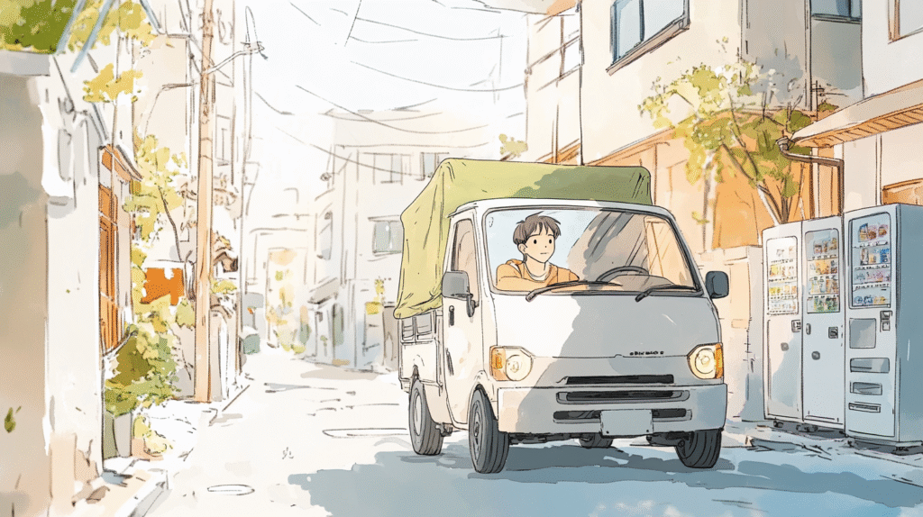 幌付き軽トラックで配達する男性のイラスト(住宅街)
