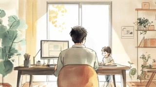 パソコン作業をする父親の背中と、壁に飾られた子どもの絵のある室内風景のイラスト